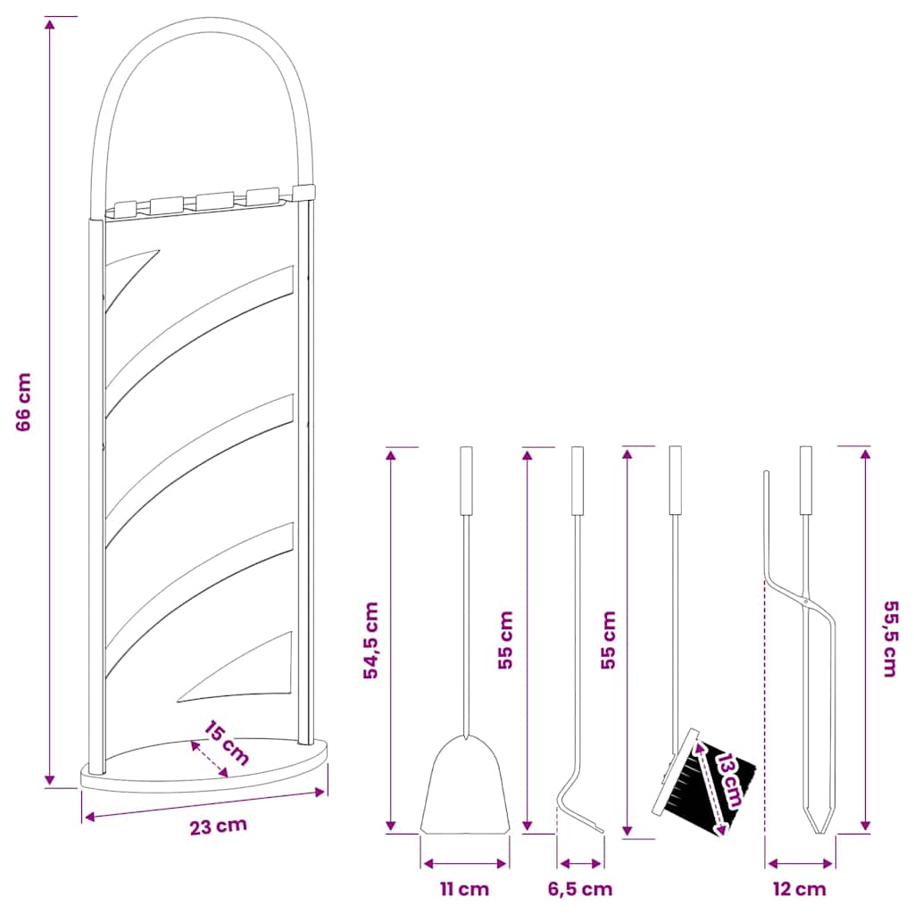 Set di attrezzi per camino 5 pezzi 23x15x66 cm in acciaio