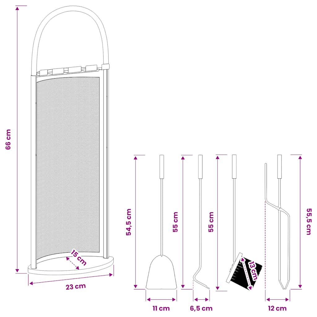 Set di attrezzi per camino 5 pezzi 23x15x66 cm in acciaio