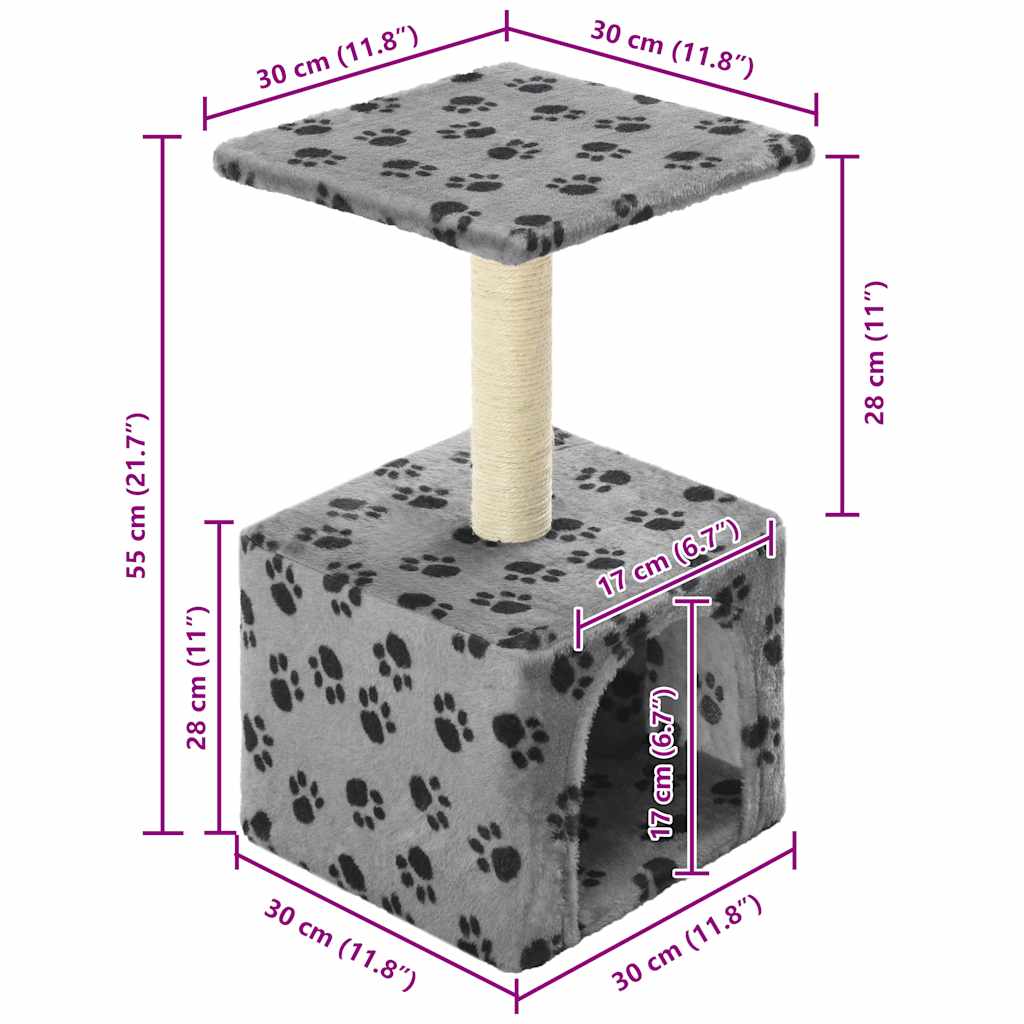 Albero per Gatti e Tiragraffi Sisal 55 cm Zampe Stampate Grigio