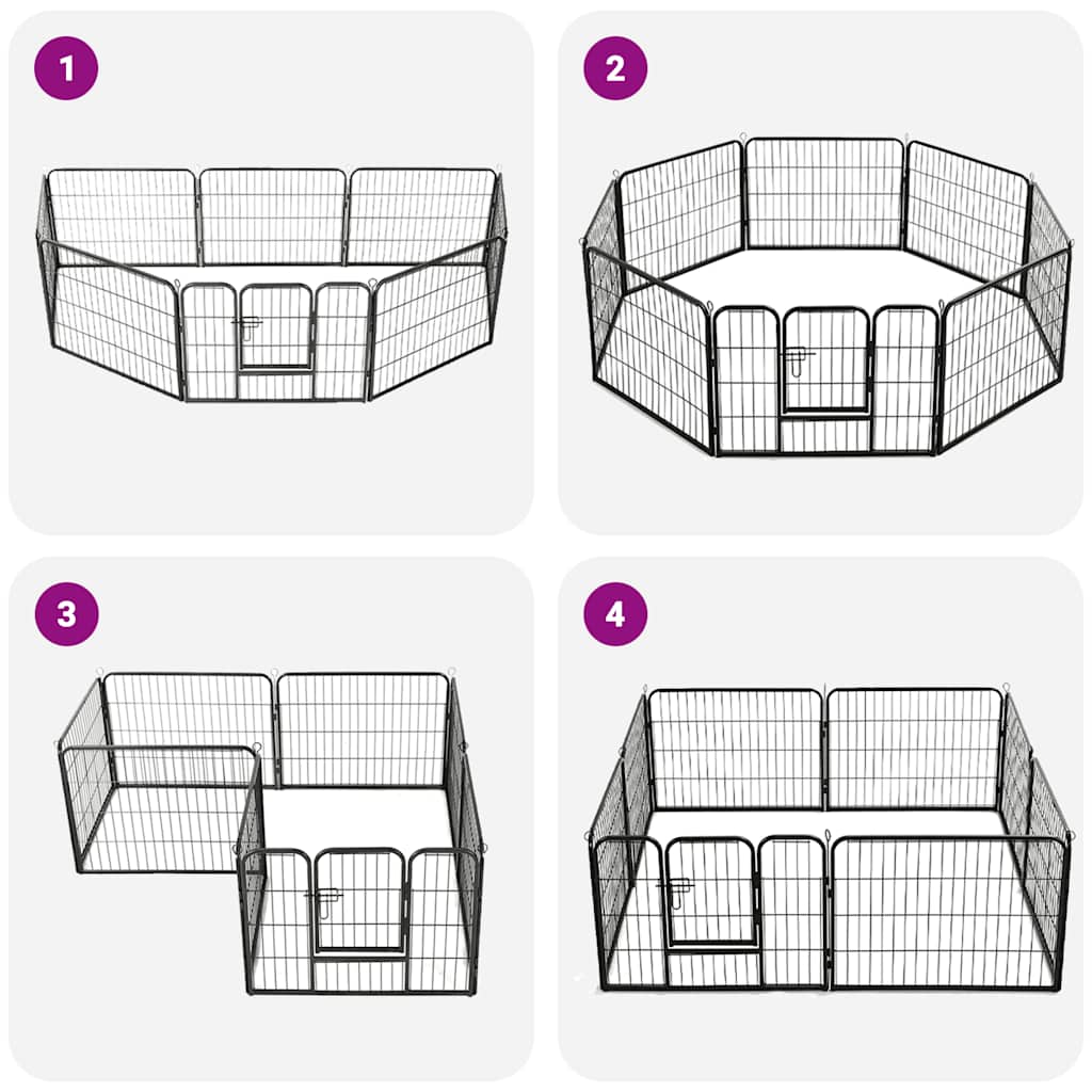Box per Cani con 8 Pannelli in Acciaio 60x80 cm Nero