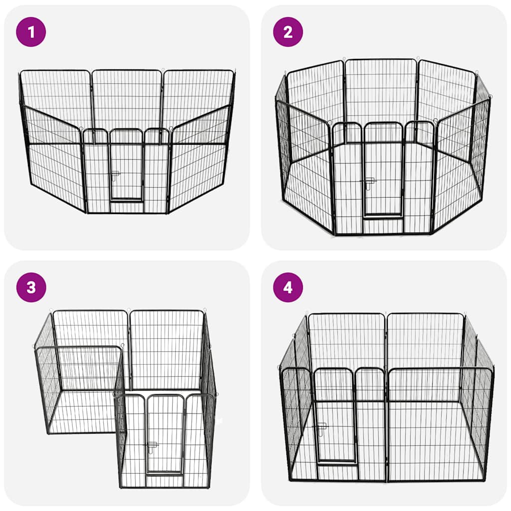 Box per Cani con 8 Pannelli in Acciaio 80x100 cm Nero