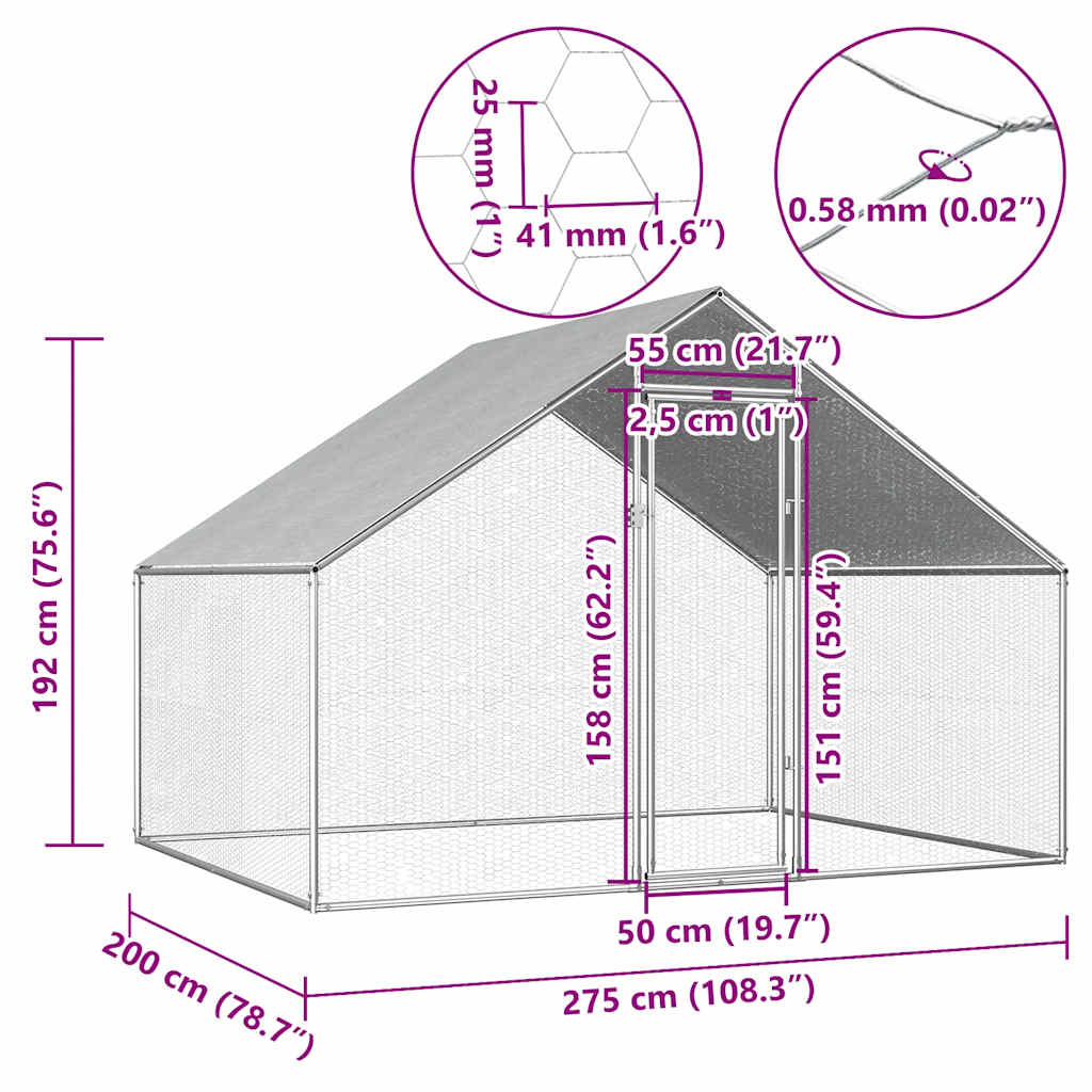 Gabbia per Polli da Esterno 2,75x2x1,92m in Acciaio Zincato