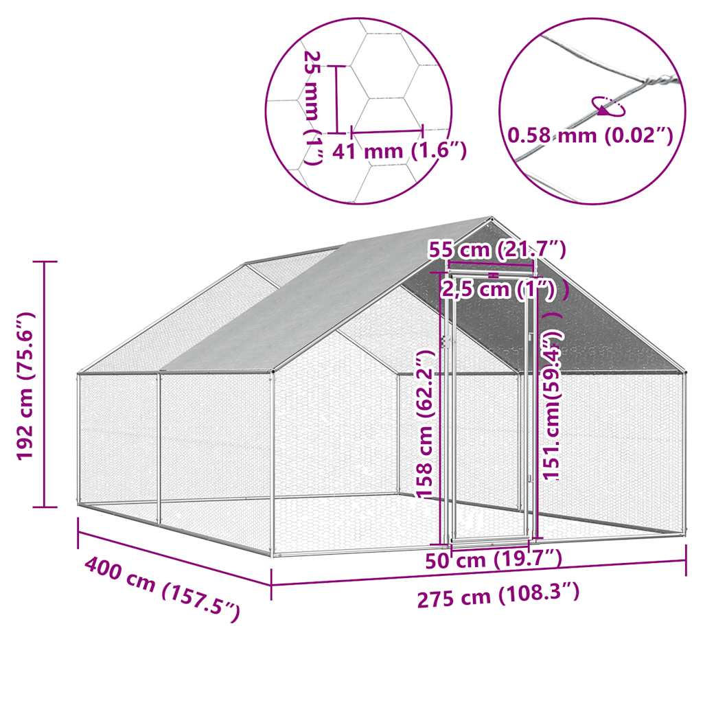 Gabbia per Polli da Esterno 2,75x4x1,92m in Acciaio Zincato