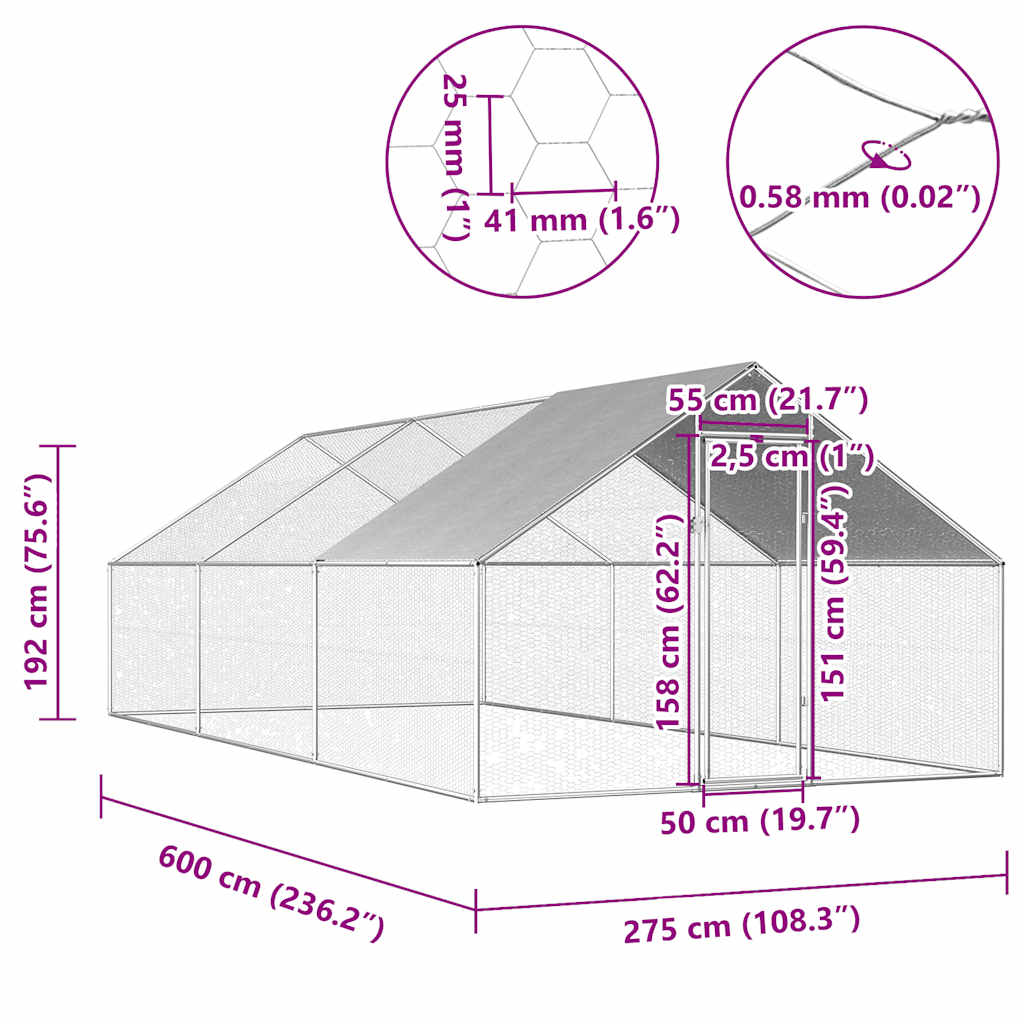 Gabbia per Polli da Esterno 2,75x6x1,92m in Acciaio Zincato