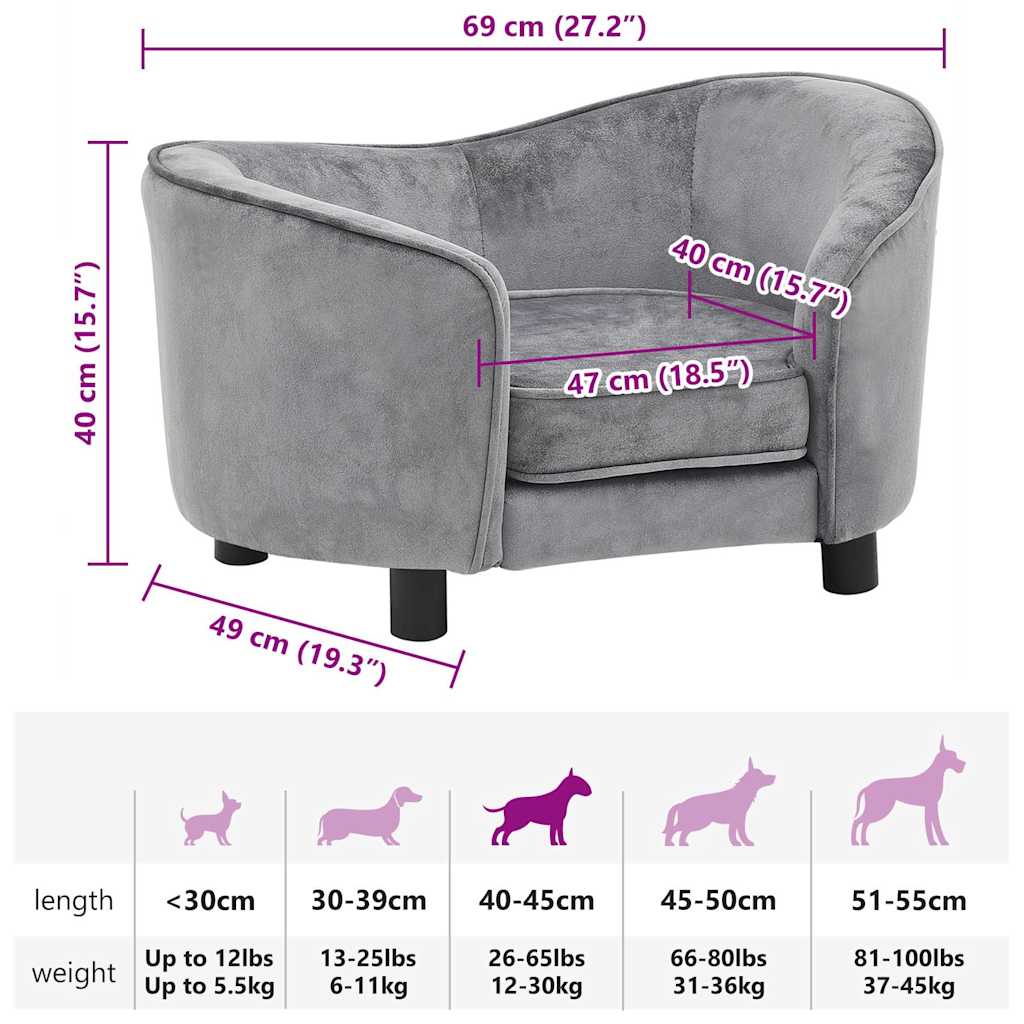 Divano per Cani Grigio 69x49x40 cm in Peluche