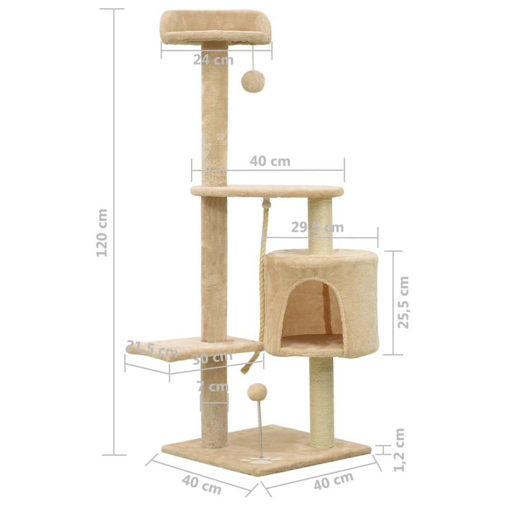 Albero per Gatti con Pali Tiragraffi in Sisal Beige 120 cm
