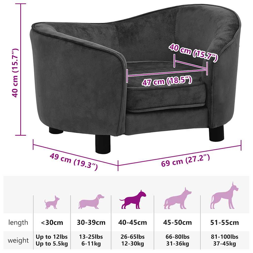 Divano per Cani Grigio Scuro 69x49x40 cm in Peluche