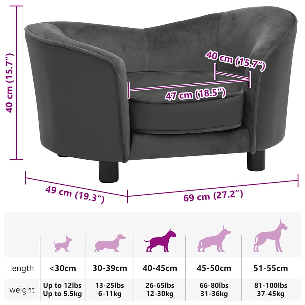 Divano per Cani Grigio Scuro 69x49x40 cm in Peluche e Similpelle