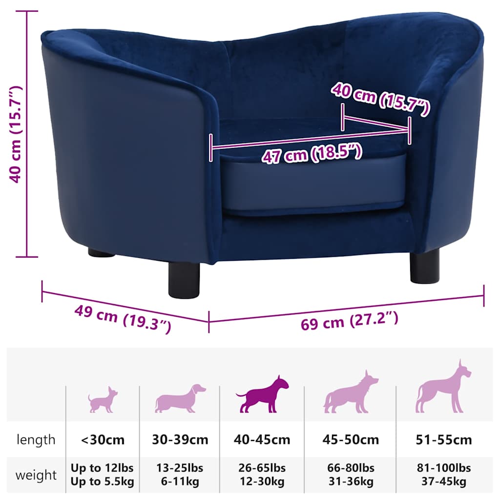 Divano per Cani Blu 69x49x40 cm in Peluche e Similpelle