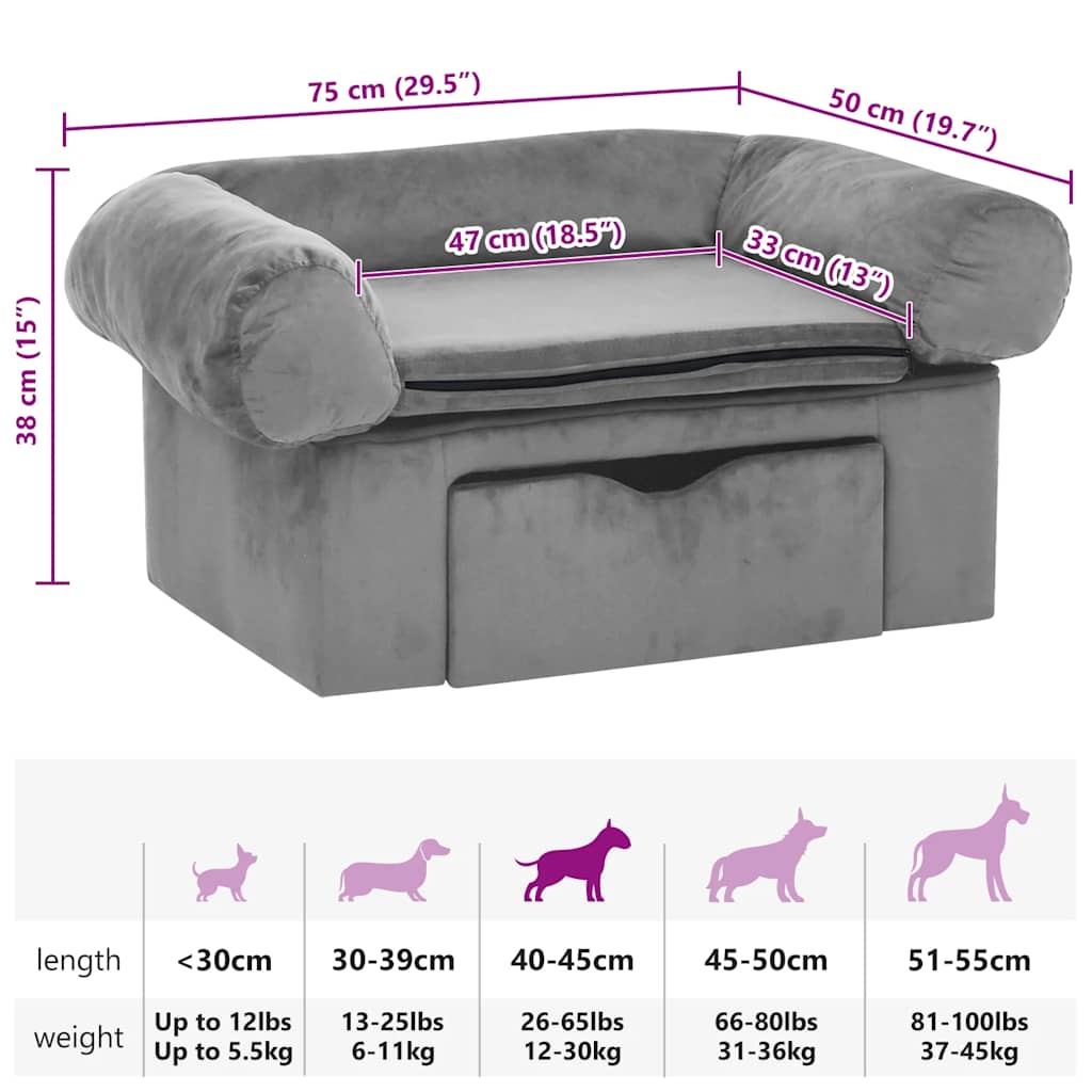 Divano per Cani con Cassetto Grigio 75x50x38 cm in Peluche