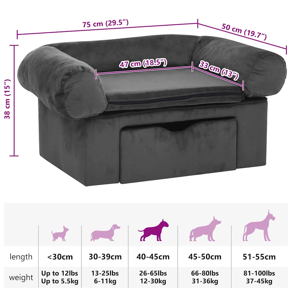 Divano per Cani con Cassetto Grigio Scuro 75x50x38cm in Peluche
