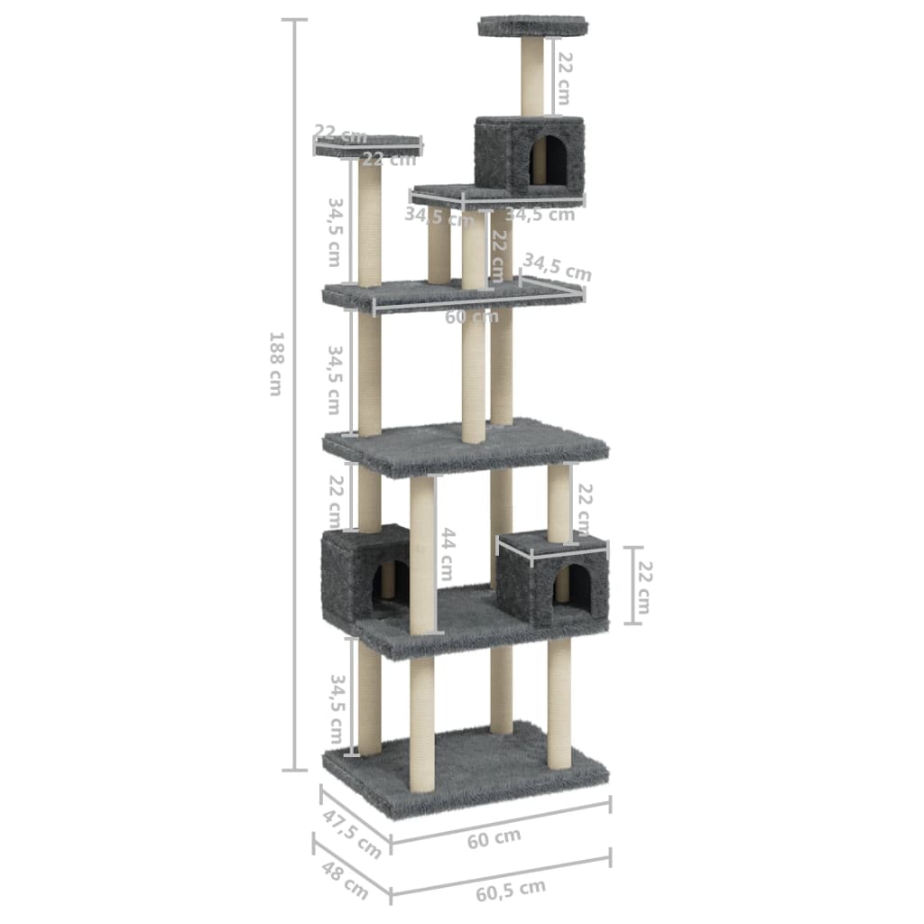 Albero per Gatti con Tiragraffi in Sisal Grigio Scuro 188 cm