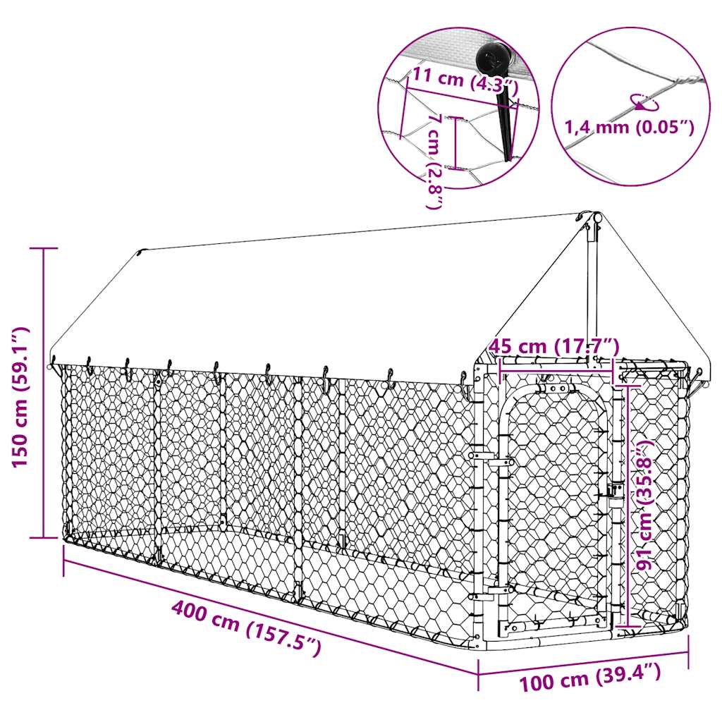 Gabbia per Cani da Esterno con Tetto 400x100x150 cm