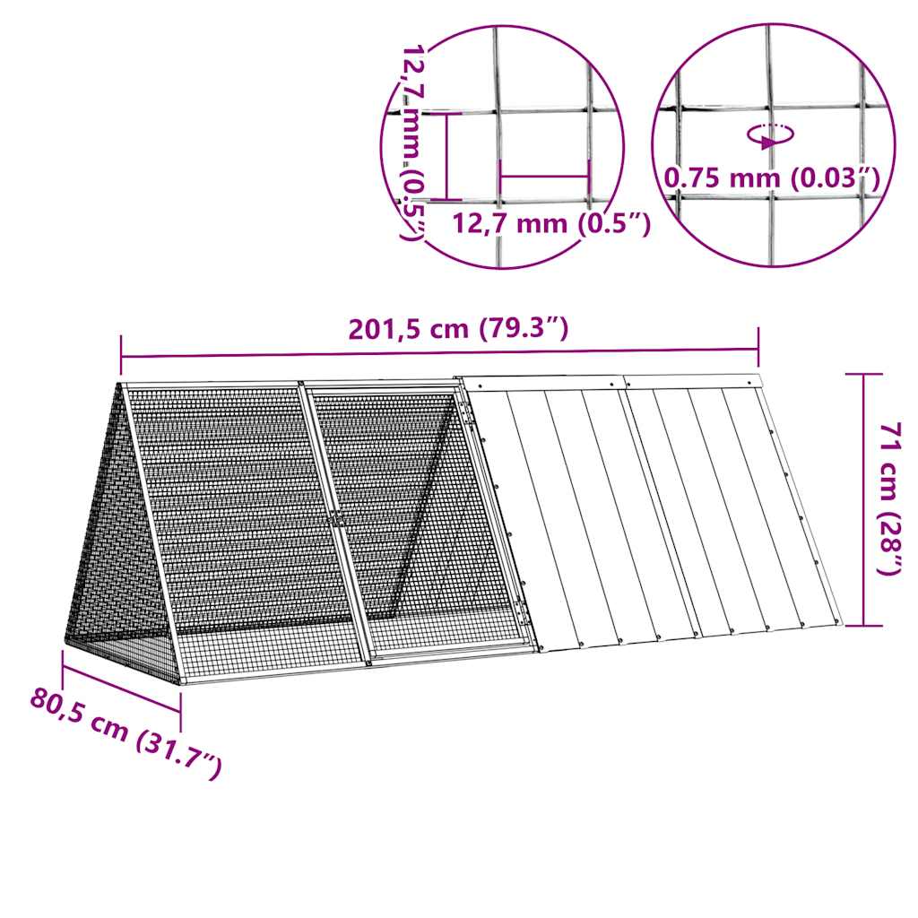 Gabbia per Conigli Antracite 201,5x80,5x71 cm Acciaio Zincato