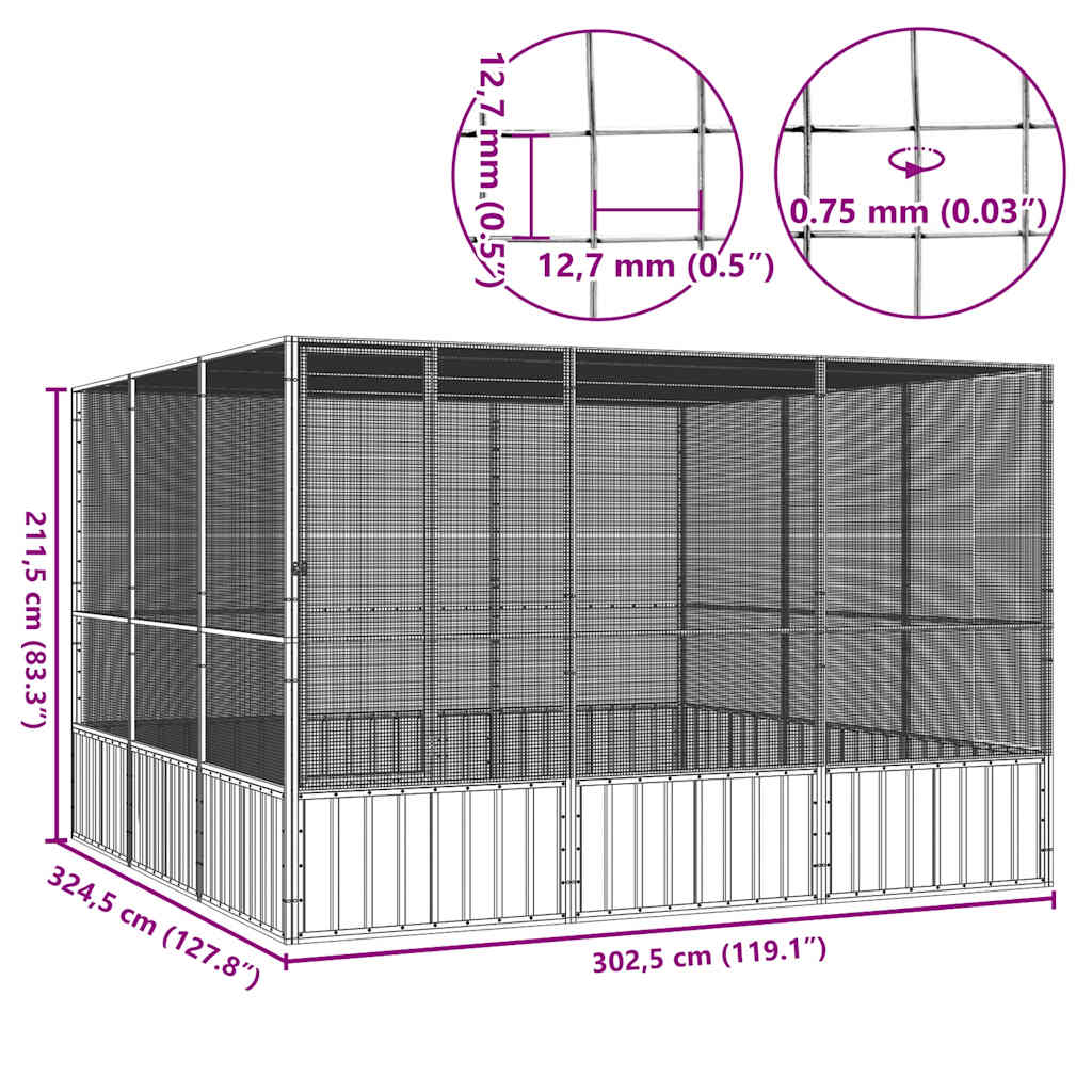 Gabbia Uccelli Antracite 302,5x324,5x211,5 cm Acciaio Zincato