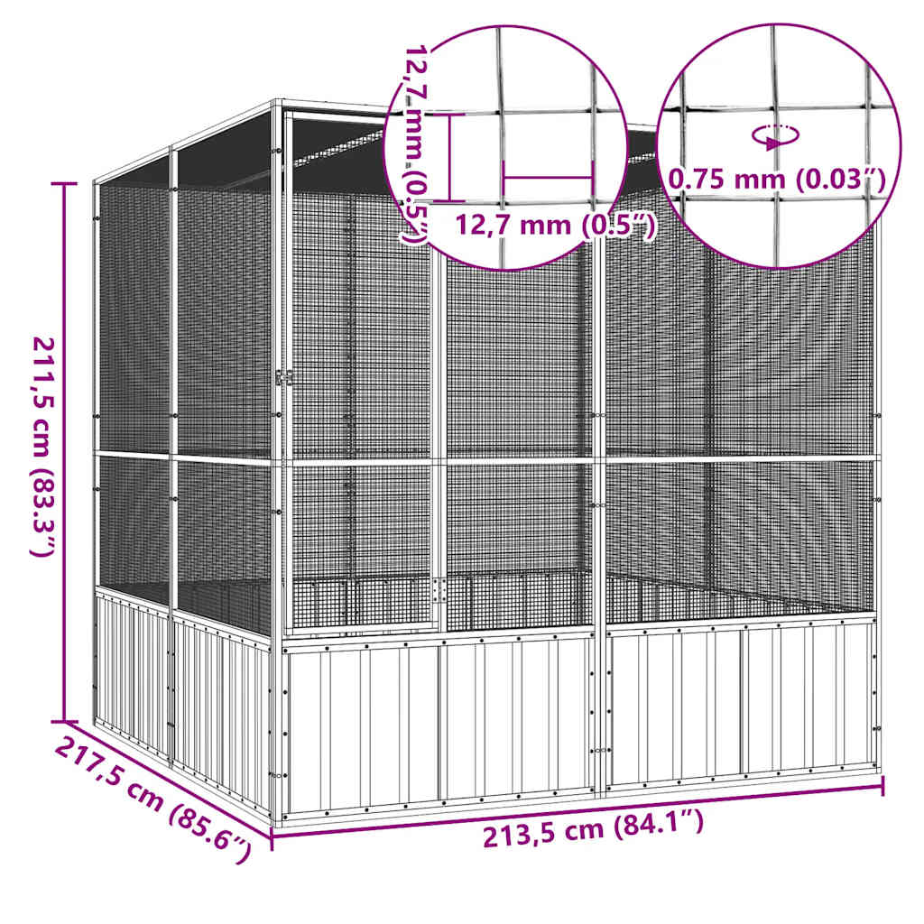 Gabbia per Uccelli Grigia 213,5x217,5x211,5 cm Acciaio Zincato