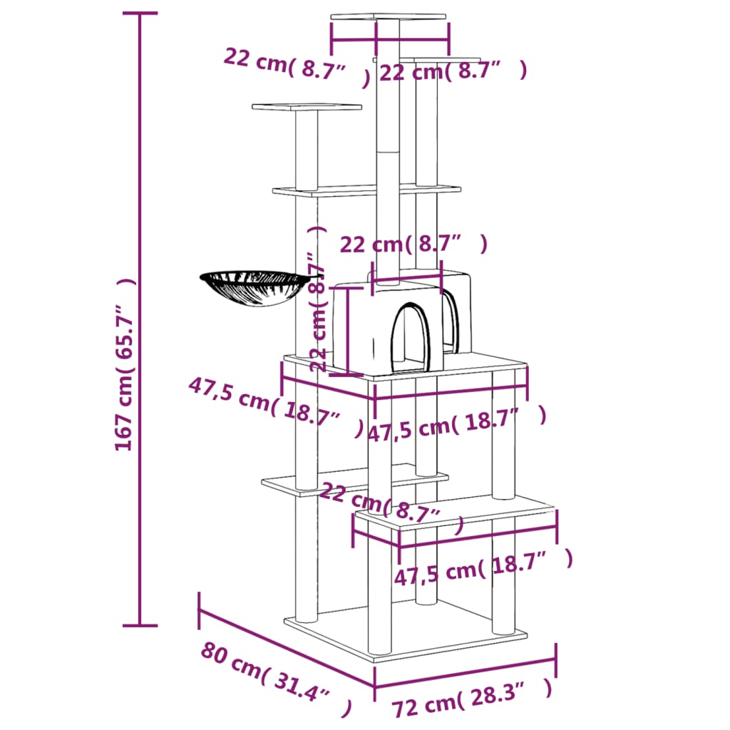 Albero per Gatti con Tiragraffi in Sisal Crema 167 cm
