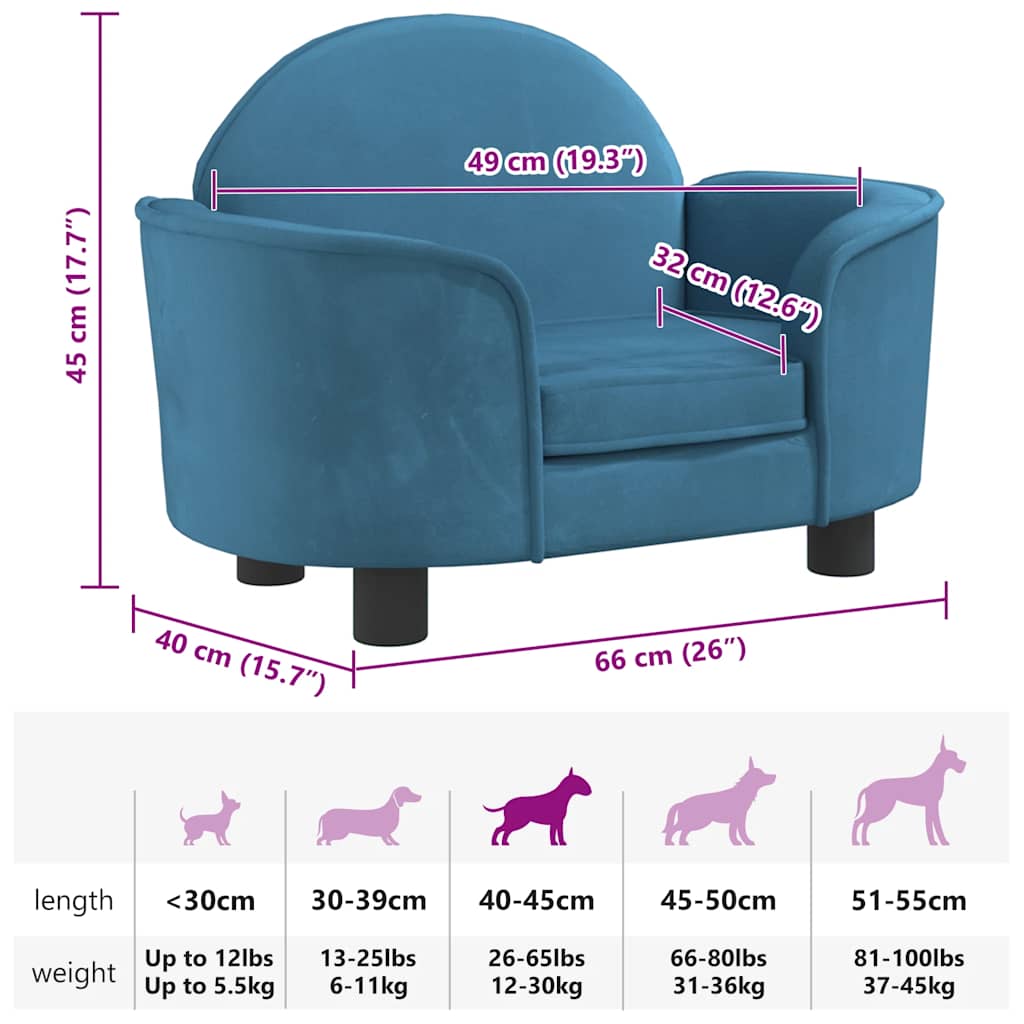 Lettino per Cani Blu 66x40x45 cm in Velluto