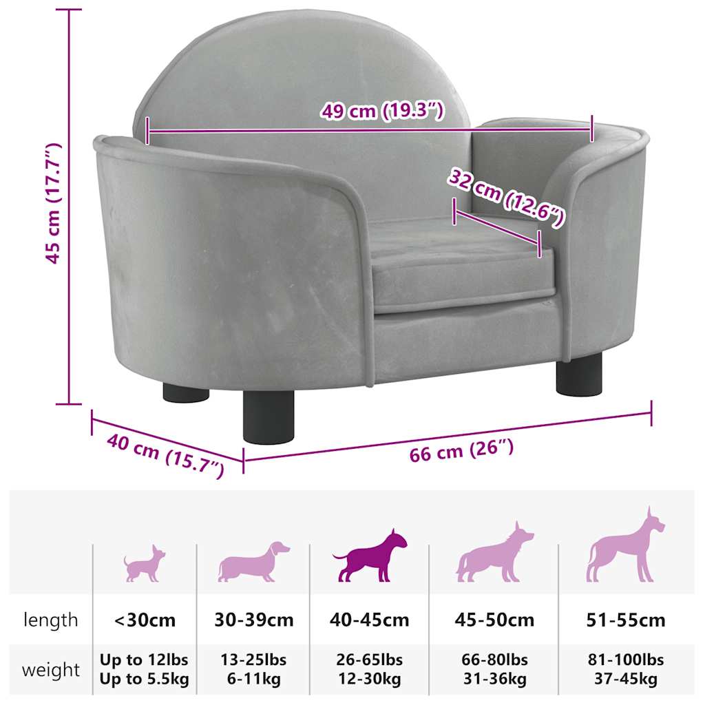 Lettino per Cani Grigio Chiaro 66x40x45 cm in Velluto