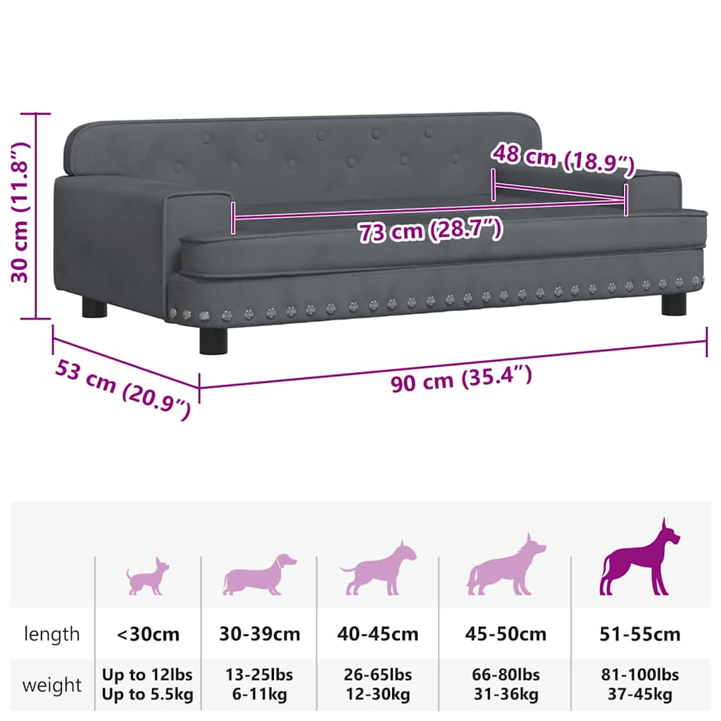 Lettino per Cani Grigio Scuro 90x53x30 cm in Velluto