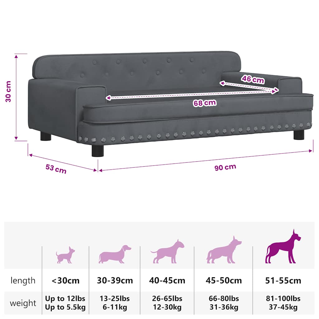 Lettino per Cani Grigio Scuro 90x53x30 cm in Velluto