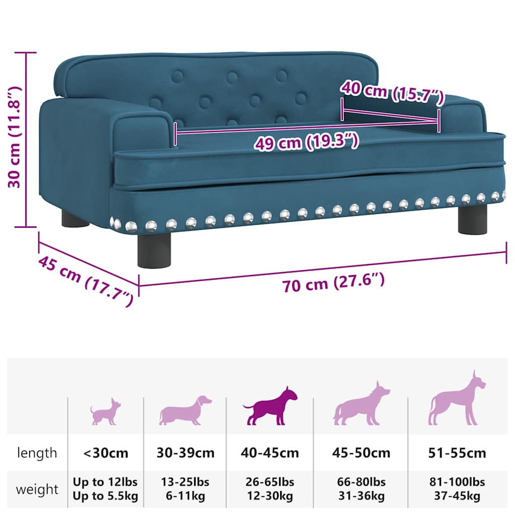 Lettino per Cani Blu 70x45x30 cm in Velluto