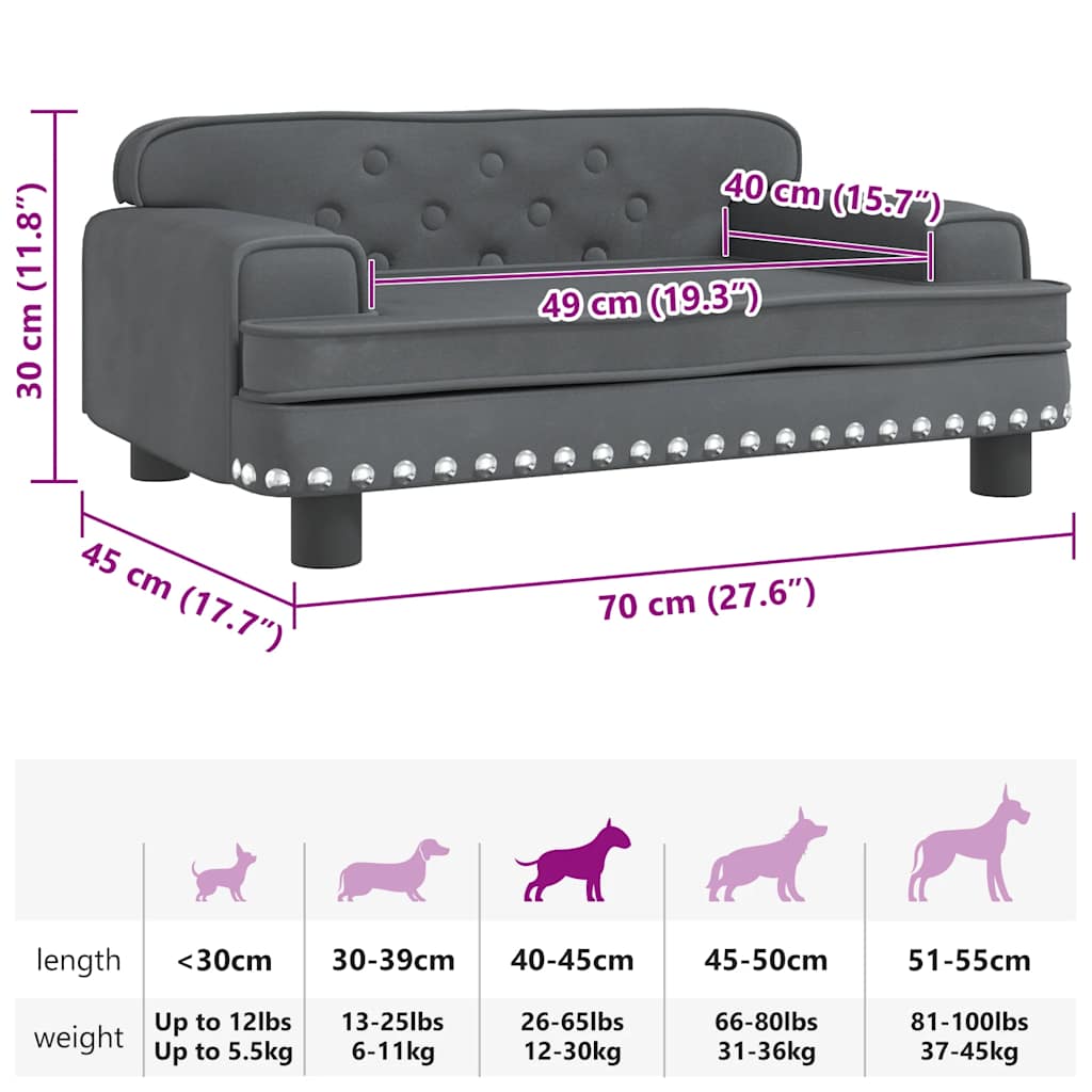 Lettino per Cani Grigio Scuro 70x45x30 cm in Velluto