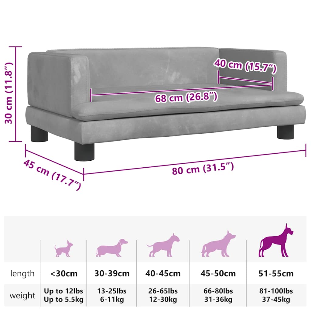 Lettino per Cani Grigio Chiaro 80x45x30 cm in Velluto