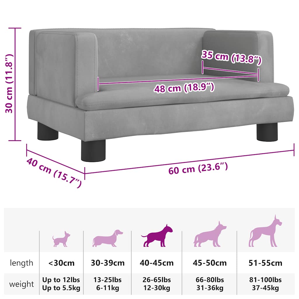 Lettino per Cani Grigio Chiaro 60x40x30 cm in Velluto