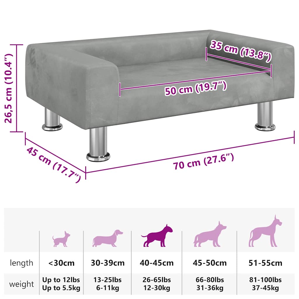 Lettino per Cani Grigio Chiaro 70x45x26,5 cm in Velluto