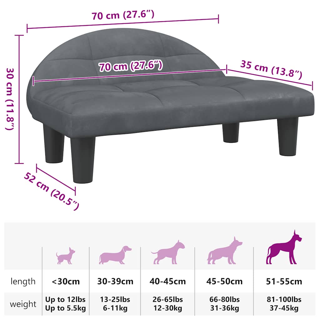 Lettino per Cani Grigio Scuro 70x52x30 cm in Velluto
