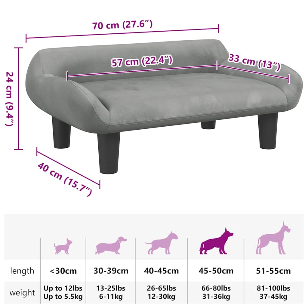 Lettino per Cani Grigio Chiaro 70x40x24 cm in Velluto