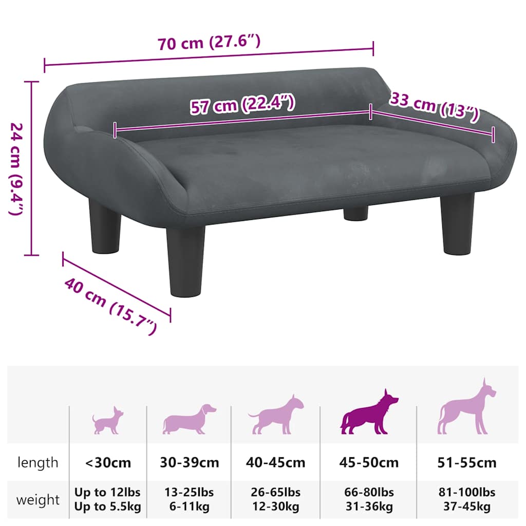 Lettino per Cani Grigio Scuro 70x40x24 cm in Velluto