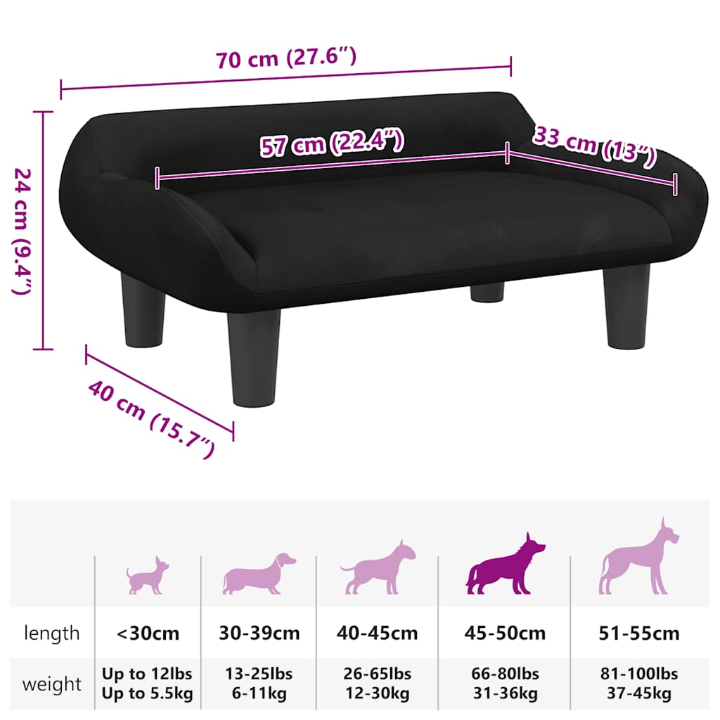 Lettino per Cani Nero 70x40x24 cm in Velluto