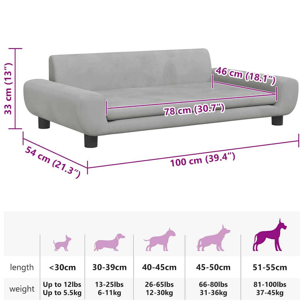 Lettino per Cani Grigio Chiaro 100x54x33 cm in Velluto