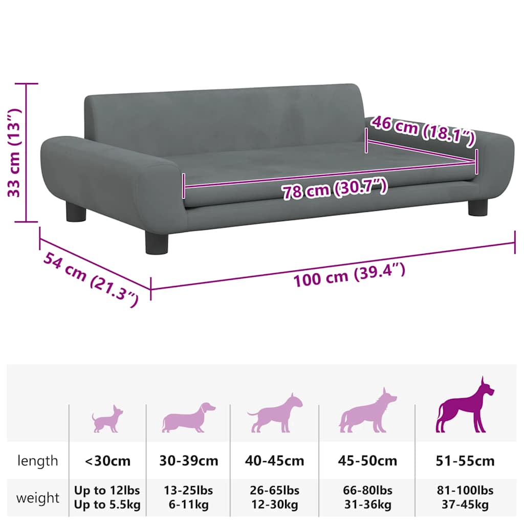 Lettino per Cani Grigio Scuro 100x54x33 cm in Velluto