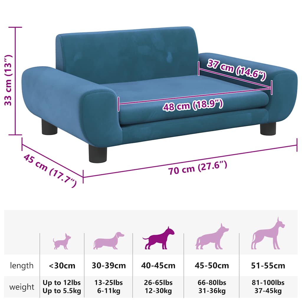 Lettino per Cani Blu 70x45x33 cm in Velluto
