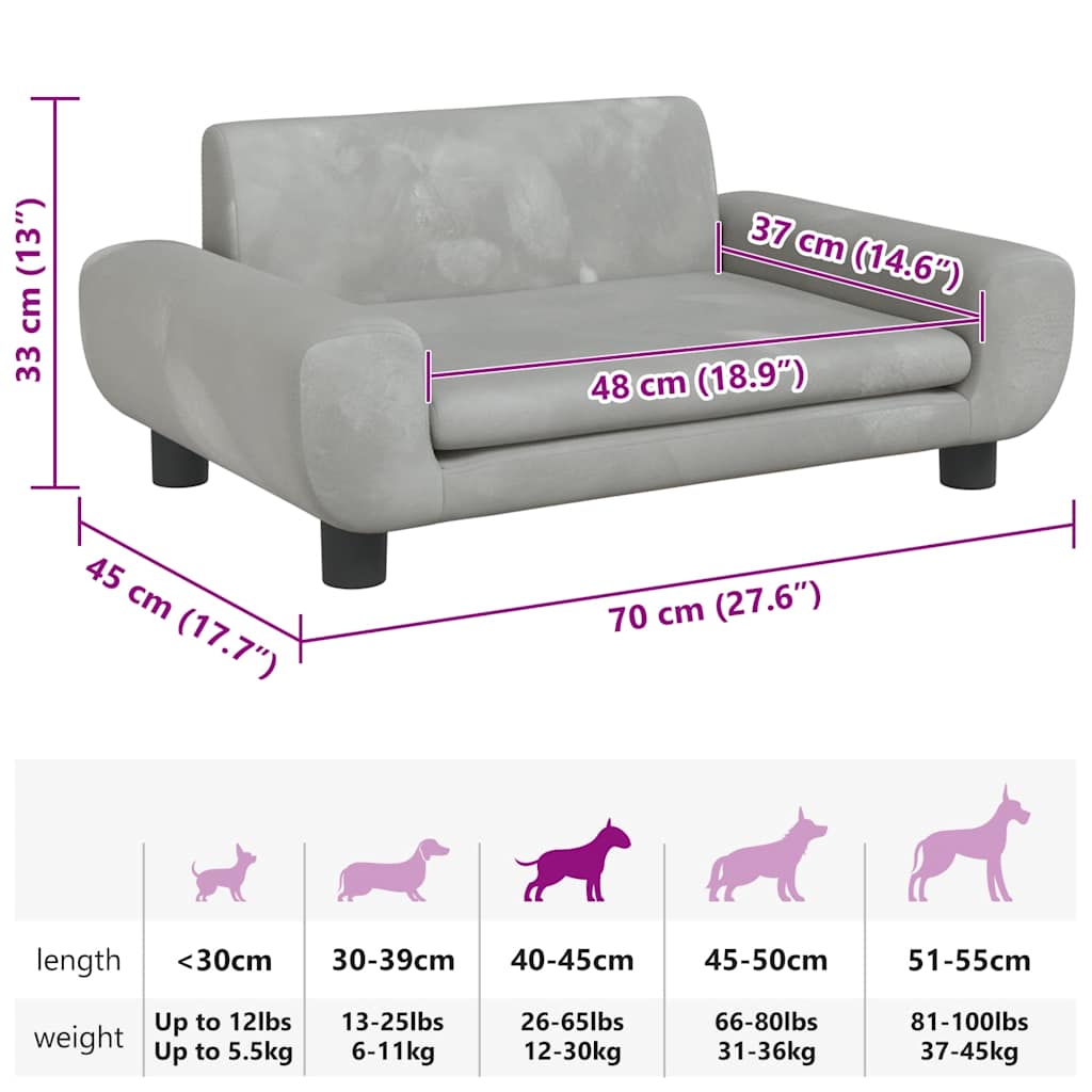 Lettino per Cani Grigio Chiaro 70x45x33 cm in Velluto