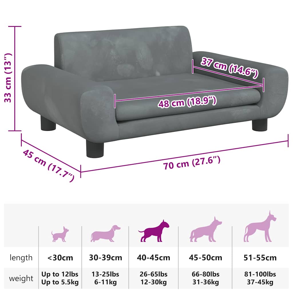Lettino per Cani Grigio Scuro 70x45x33 cm in Velluto