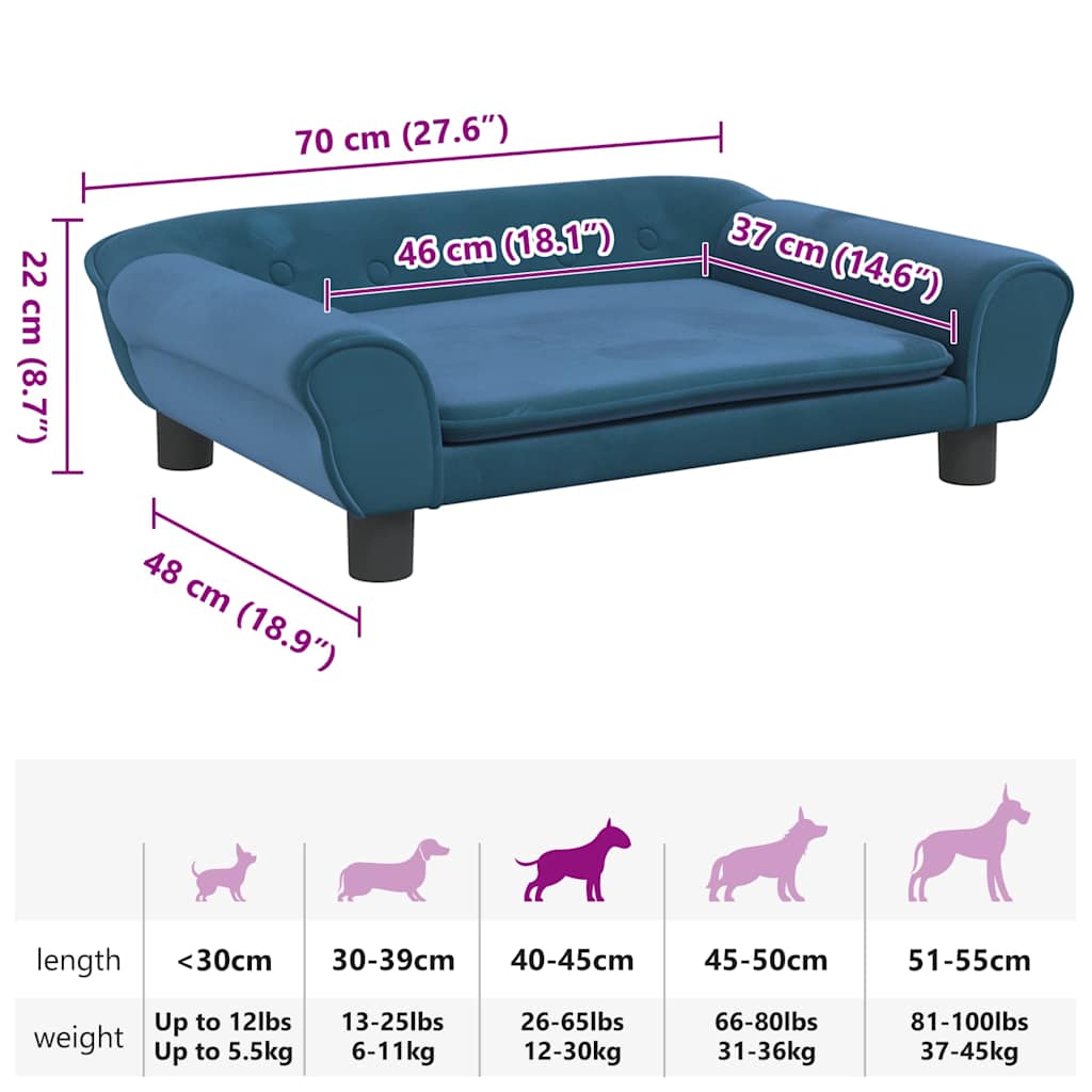 Lettino per Cani Blu 70x48x22 cm in Velluto