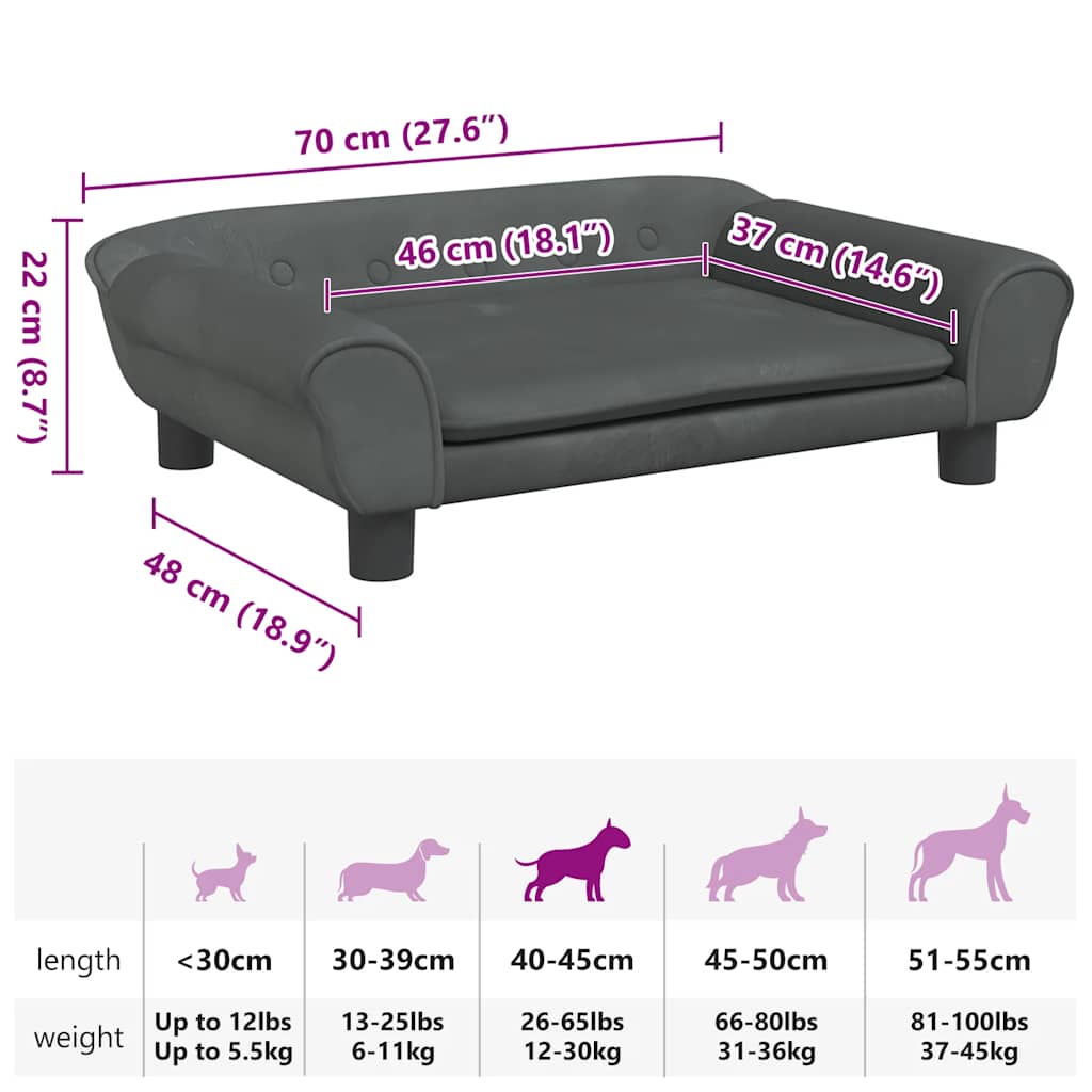 Lettino per Cani Grigio Scuro 70x48x22 cm in Velluto
