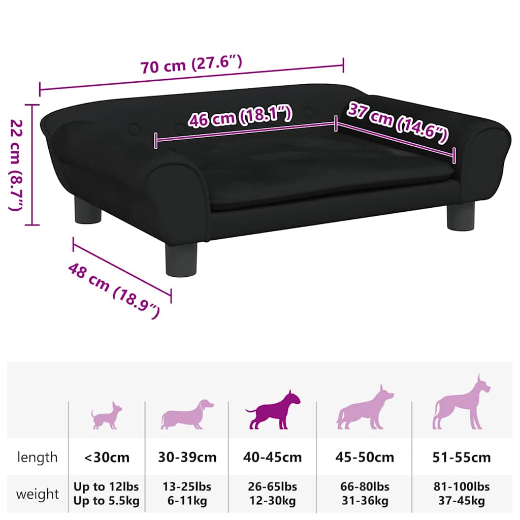 Lettino per Cani Nero 70x48x22 cm in Velluto