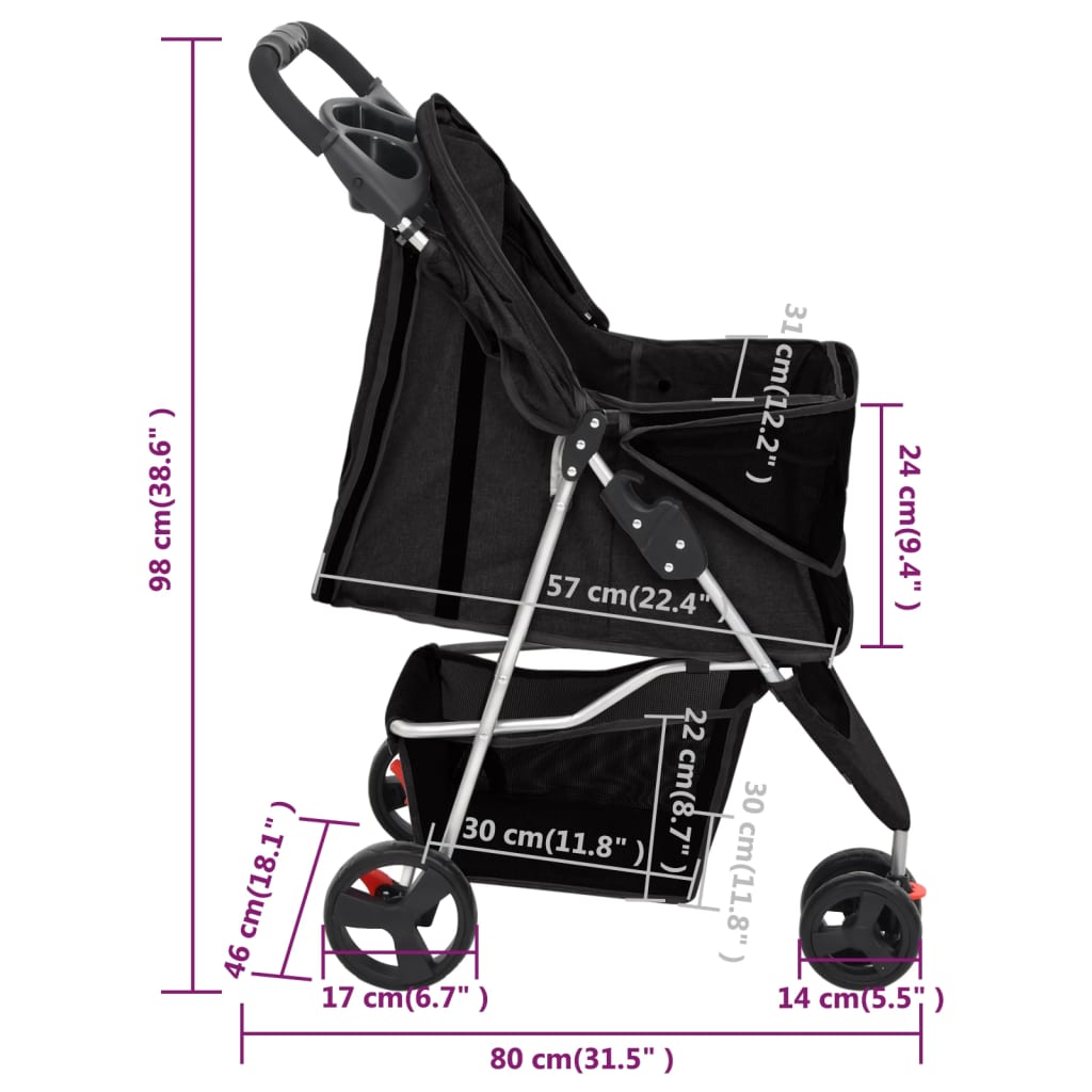 Passeggino per Cani Pieghevole Nero 80x46x98cm Tessuto Oxford