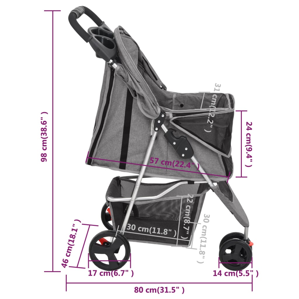 Passeggino per Cani Pieghevole Grigio 80x46x98cm Tessuto Oxford