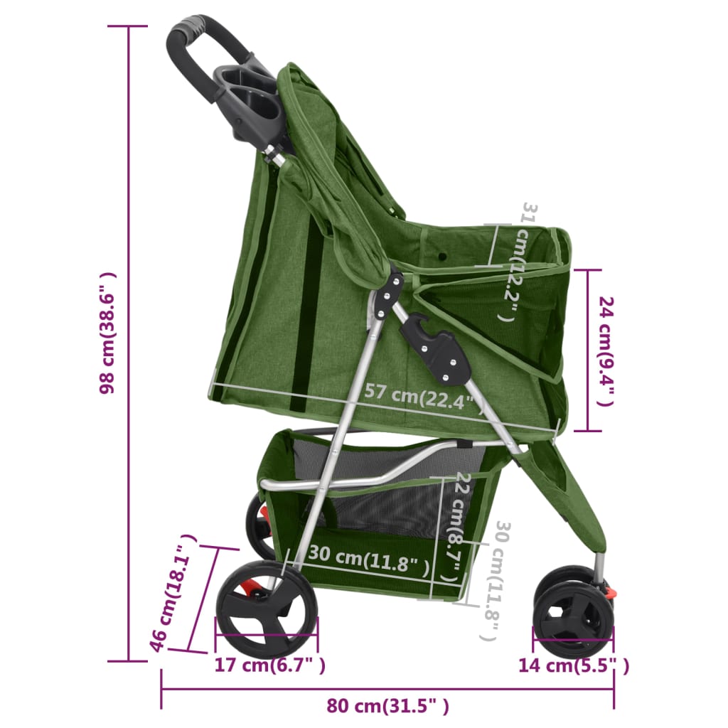 Passeggino per Cani Pieghevole Verde 80x46x98cm Tessuto Oxford