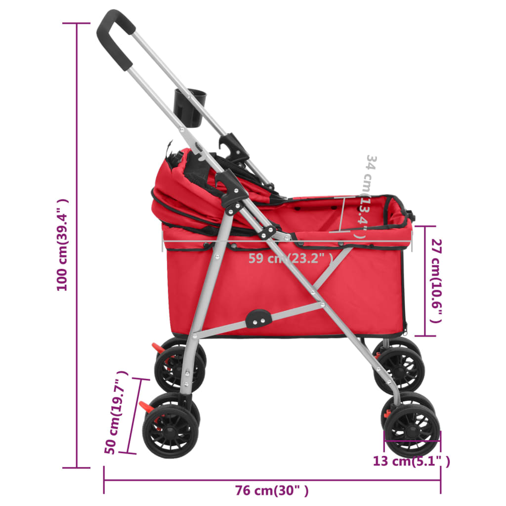 Passeggino per Cani Pieghevole Rosso 76x50x100cm Tessuto Oxford