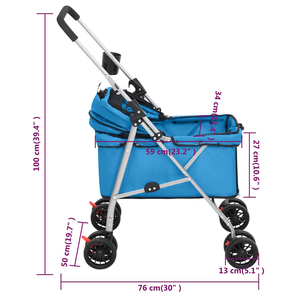 Passeggino per Cani Pieghevole Blu 76x50x100cm Tessuto Oxford