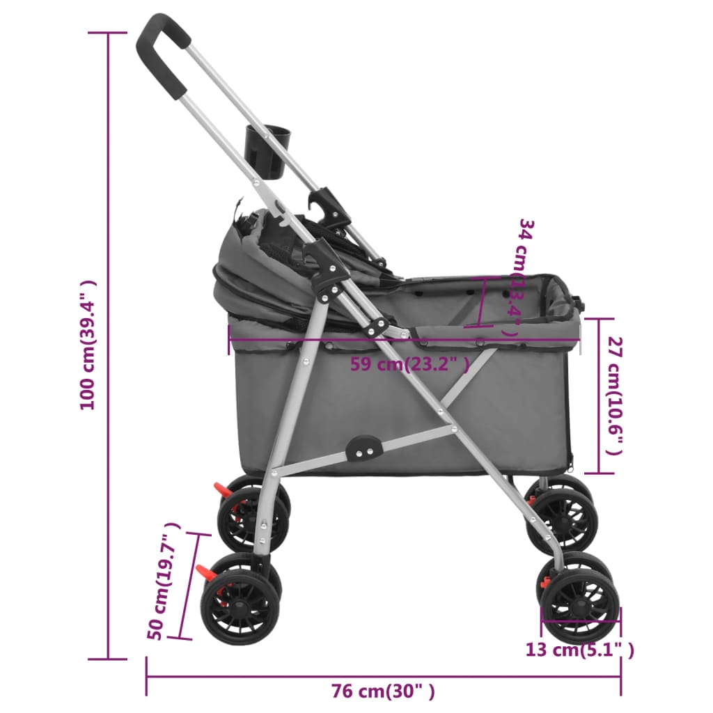Passeggino Cani Pieghevole Grigio 76x50x100cm Tessuto Oxford