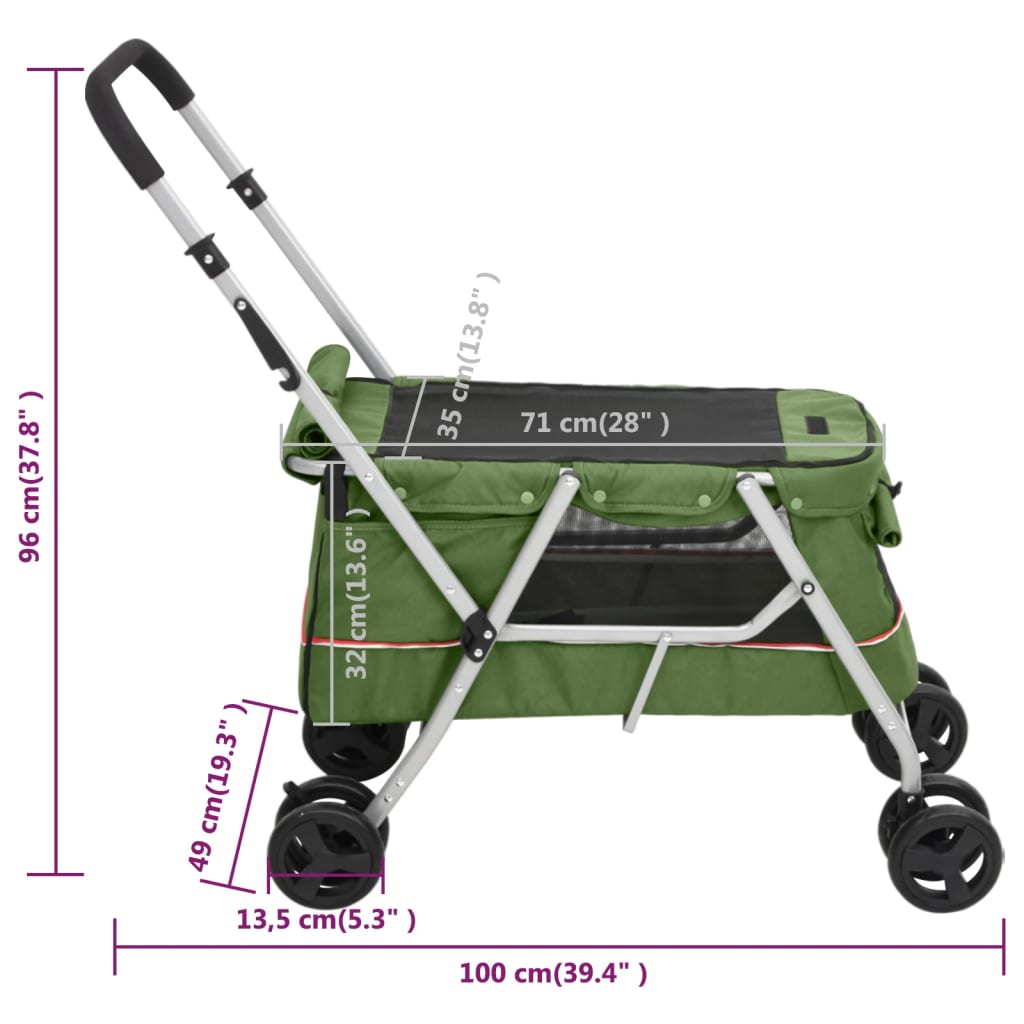 Passeggino Cani Pieghevole Verde 100x49x96cm Tessuto di Lino