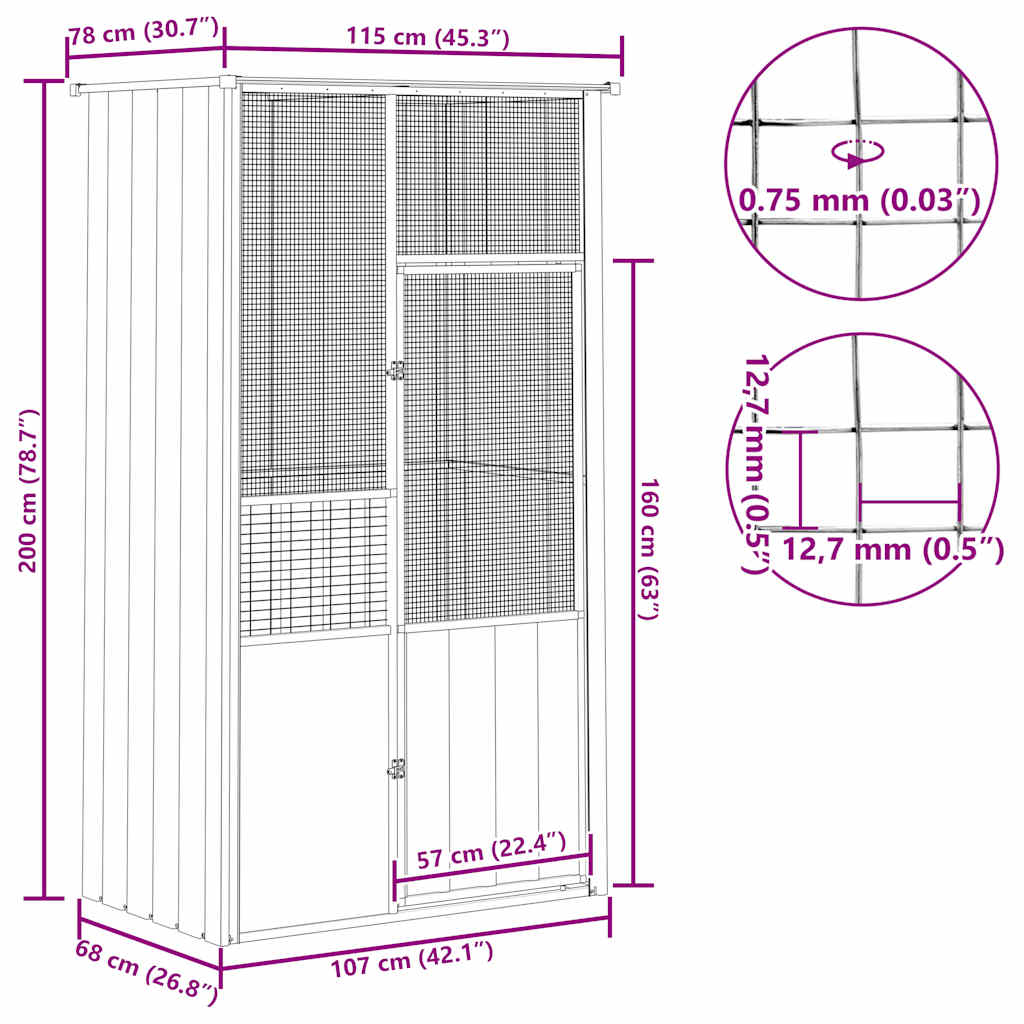 Gabbia per Uccelli Grigia 115x78x200 cm in Acciaio Zincato